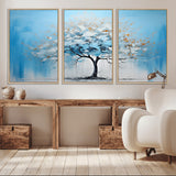 25021-MGV-CV-36X24-Abstract Tree Wall Art – Blue and White Canvas Painting with Gold Accents, Modern Nature-Inspired Artwork for Living Room, Bedroom