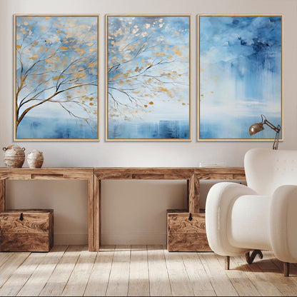 23891-MGV-CV-36X24-Abstract Tree Wall Art – Minimalist Blue and Gold Canvas Painting, Elegant Nature-Inspired Artwork for Living Room, Bedroom or