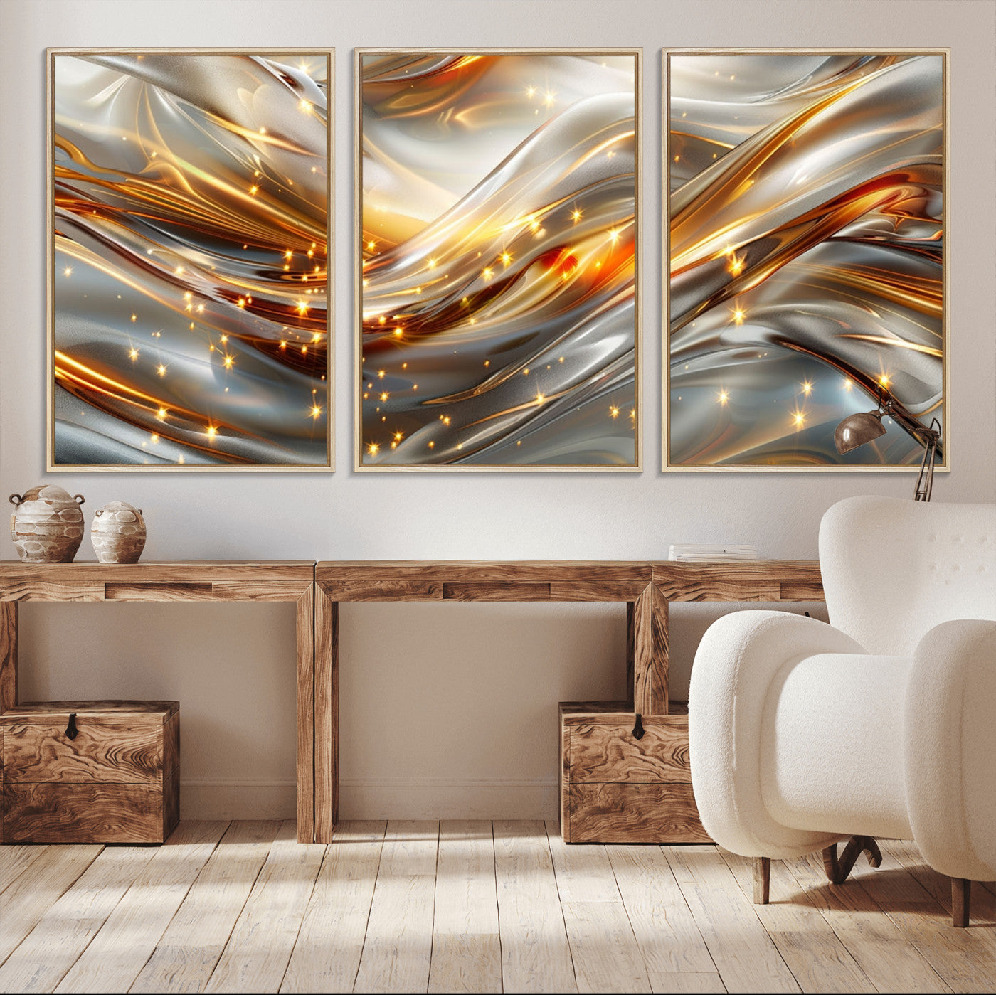 Lines1-MGV-CV-36X24-Abstract Metallic Wall Art – Silver and Gold Wave Canvas Print with Sparkling Accents, Modern Luxury Decor for Living Room, Office