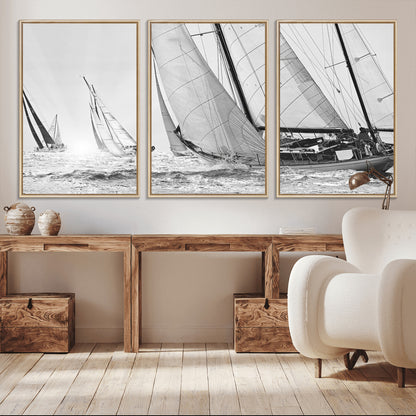 Boat-1-MGV-CV-36X24-Sailboat Racing Wall Art – Nautical Black and White Canvas Print, Ocean Adventure Decor for Office, Living Room or Bedroom