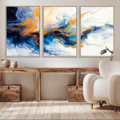 83720-MGV-FC-60X30-3P_Natural-Abstract Fluid Wall Art – Blue, White and Gold Swirl Canvas Painting, Modern Contemporary Artwork for Living Room, Bedroom or