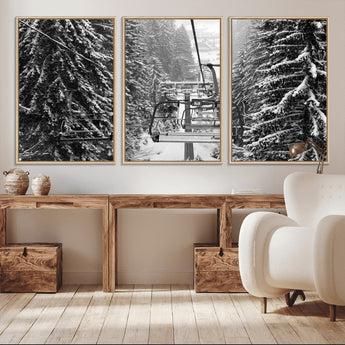 19240-MGV-CV-36X24-Ski Lift Wall Art – Black and White Winter Mountain Canvas Print, Snowy Forest Ski Resort Photography for Cabin, Lodge, Office or
