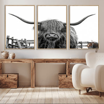 58188-MGV-CV-36X24-Highland Cow Wall Art – Black and White Rustic Farmhouse Canvas Print, Longhorn Cattle Photography Decor for Living Room or