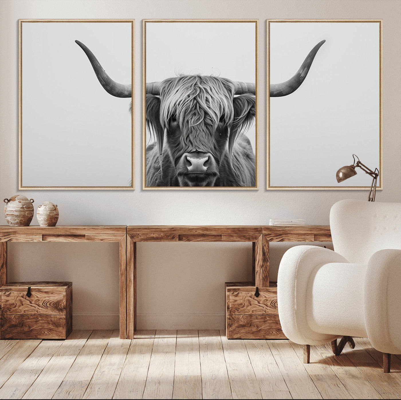 35820-MGV-CV-36X24-Minimalist Highland Cow Wall Art – Black and White Longhorn Cattle Canvas Print, Modern Farmhouse Animal Photography Decor for