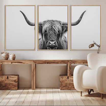 35820-MGV-CV-36X24-Minimalist Highland Cow Wall Art – Black and White Longhorn Cattle Canvas Print, Modern Farmhouse Animal Photography Decor for