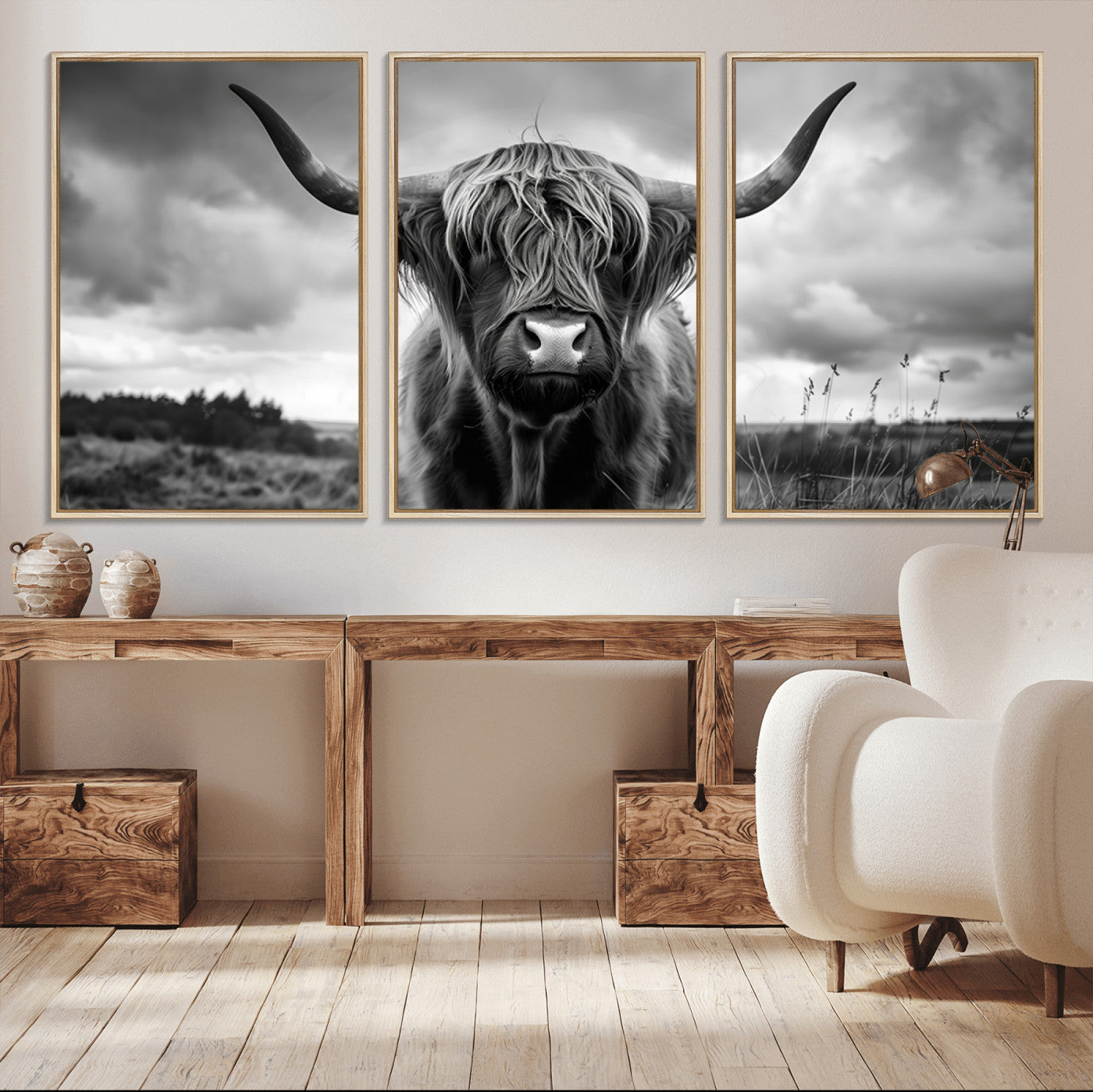 17924-MGV-CV-36X24-Highland Cow Wall Art – Black and White Rustic Longhorn Cattle Canvas Print, Farmhouse Animal Photography Decor for Country Home