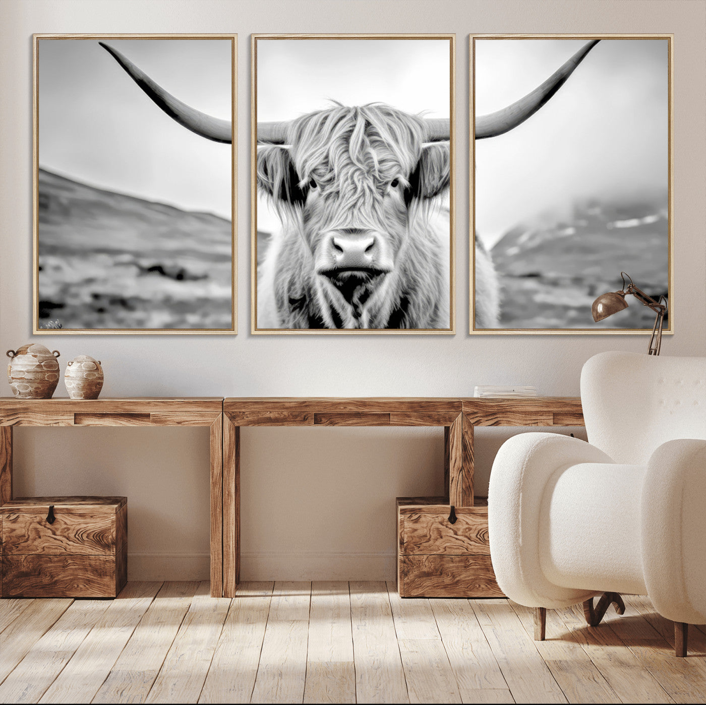 80564-MGV-FC-60X30-3P_Natural-Highland Cow Wall Art – Black and White Scottish Highland Canvas Print, Rustic Farmhouse Decor for Living Room, Bedroom or Office