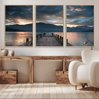 20442-MGV-CV-36X24-Lakeside Sunset Dock Wall Art – Peaceful Mountain Lake Canvas Print, Serene Nature Landscape Decor for Living Room, Bedroom or