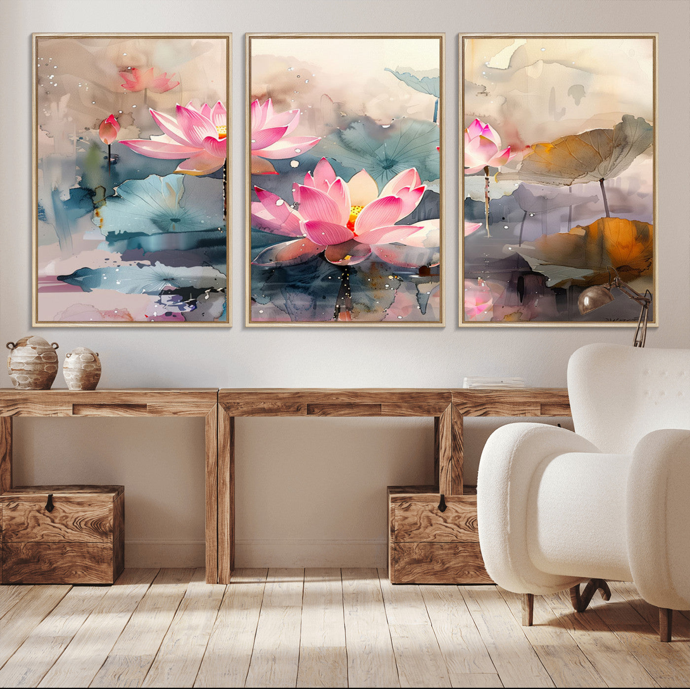 27936-MGV-FC-60X30-3P_Natural-Lotus Pond Wall Art – Watercolor Pink Lotus Flowers Canvas Print, Tranquil Botanical Artwork for Bedroom, Living Room or