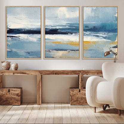 19746-MGV-CV-36X24-Abstract Ocean Wall Art – Modern Coastal Canvas Print with Blue, White and Gold Textures, Contemporary Seascape Painting for
