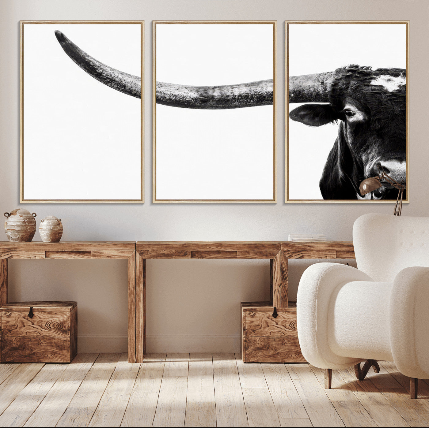 31699-MGV-CV-36X24-Longhorn Wall Art – Black and White Texas Longhorn Cow Canvas Print, Rustic Western Farmhouse Artwork for Living Room, Bedroom or