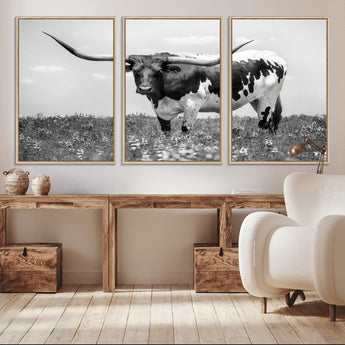 94709-MGV-CV-36X24-Texas Longhorn Wall Art – Black and White Bull Photography Canvas Print, Western Farmhouse Wall Decor for Living Room, Office or