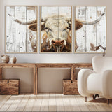 71551-MGV-CV-36X24-Longhorn Bull Wall Art – Rustic Western Cow Canvas Print, Farmhouse Animal Painting with Wood Plank Style for Living Room, Office