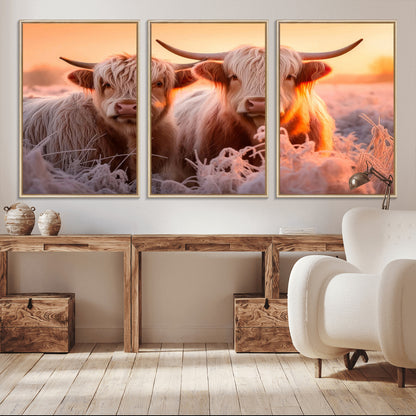 68253-MGV-CV-36X24-Highland Cow Wall Art – Rustic Farmhouse Cattle Canvas Print, Frosty Sunset Animal Artwork for Living Room, Bedroom or Country