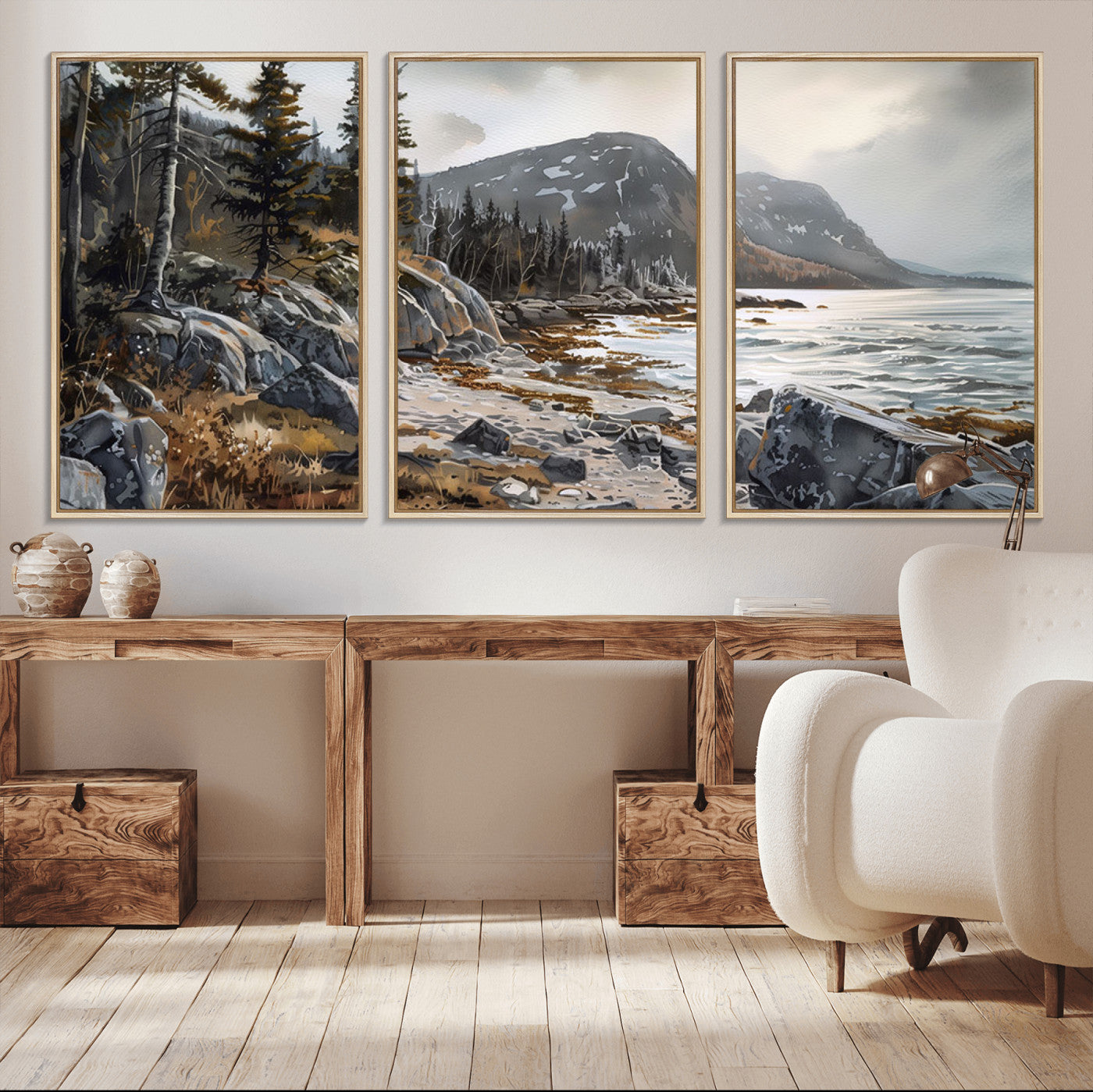 41281-MGV-CV-36X24-Rocky Shoreline Wall Art – Panoramic Mountain Coast and Forest Canvas Print, Rustic Nature Landscape Decor for Cabin, Lodge, or