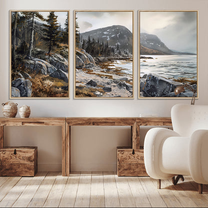 41281-MGV-CV-36X24-Rocky Shoreline Wall Art – Panoramic Mountain Coast and Forest Canvas Print, Rustic Nature Landscape Decor for Cabin, Lodge, or