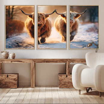 50490-MGV-CV-36X24-Highland Cow Wall Art – Rustic Panoramic Canvas Print Two Cattle Snowy Landscape, Farmhouse Country Decor for Living Room Office