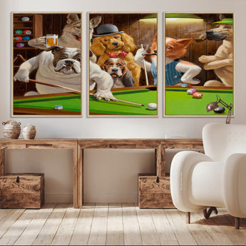 34228-MGV-CV-36X24-Dogs Playing Pool Wall Art Canvas Print, Framed Funny Dog Art Picture Print, Dog Perfect Game Room Decor Artwork