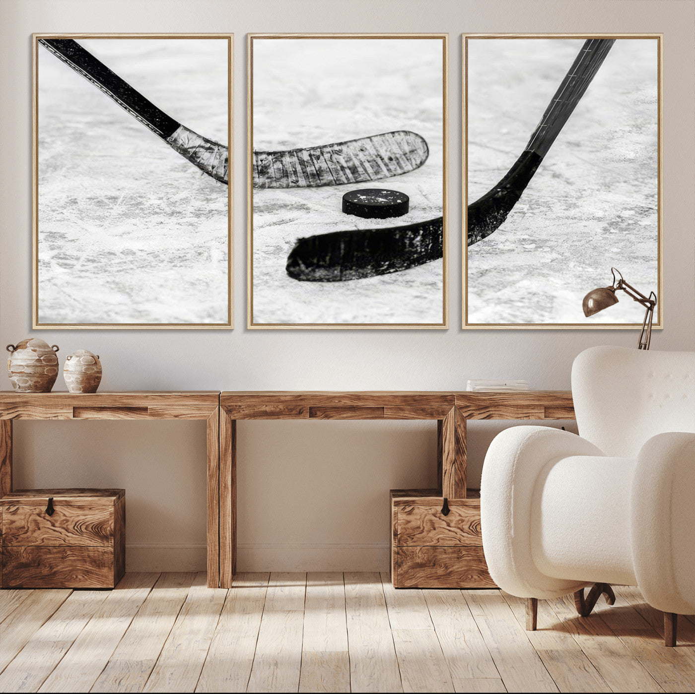 82900-MGV-FC-60X30-3P_Natural-Hockey Wall Art – Black and White Canvas Print Ice Rink Sticks Puck Sports Photography, Modern Decor for Game Room, Man Cave,