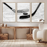 82900-MGV-FC-60X30-3P_Natural-Hockey Wall Art – Black and White Canvas Print Ice Rink Sticks Puck Sports Photography, Modern Decor for Game Room, Man Cave,
