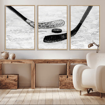 82900-MGV-FC-60X30-3P_Natural-Hockey Wall Art – Black and White Canvas Print Ice Rink Sticks Puck Sports Photography, Modern Decor for Game Room, Man Cave,