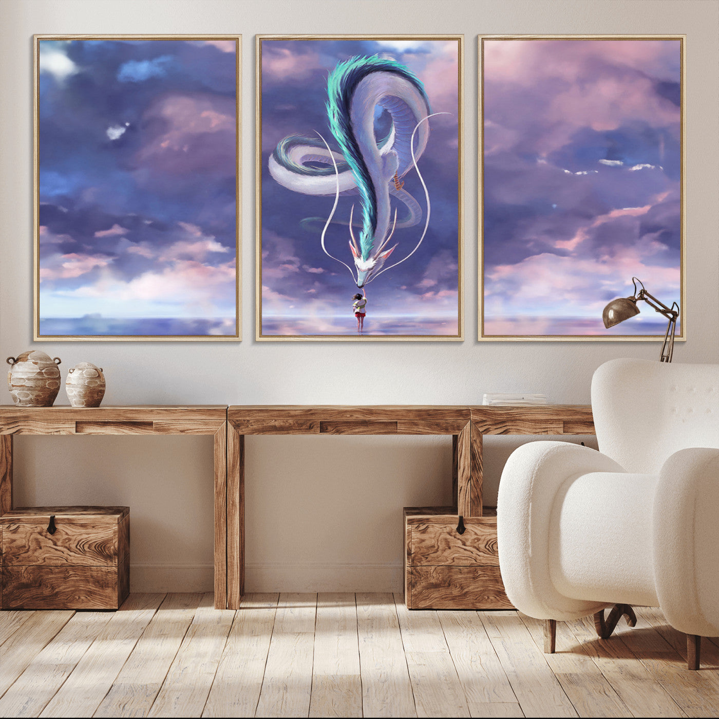 66864-MGV-CV-36X24-Fantasy Dragon Wall Art – Mystical Canvas Print Girl and Sky Serpent Dreamlike Clouds, Magical Anime Inspired Decor for Living