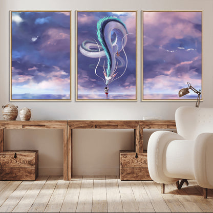 66864-MGV-CV-36X24-Fantasy Dragon Wall Art – Mystical Canvas Print Girl and Sky Serpent Dreamlike Clouds, Magical Anime Inspired Decor for Living