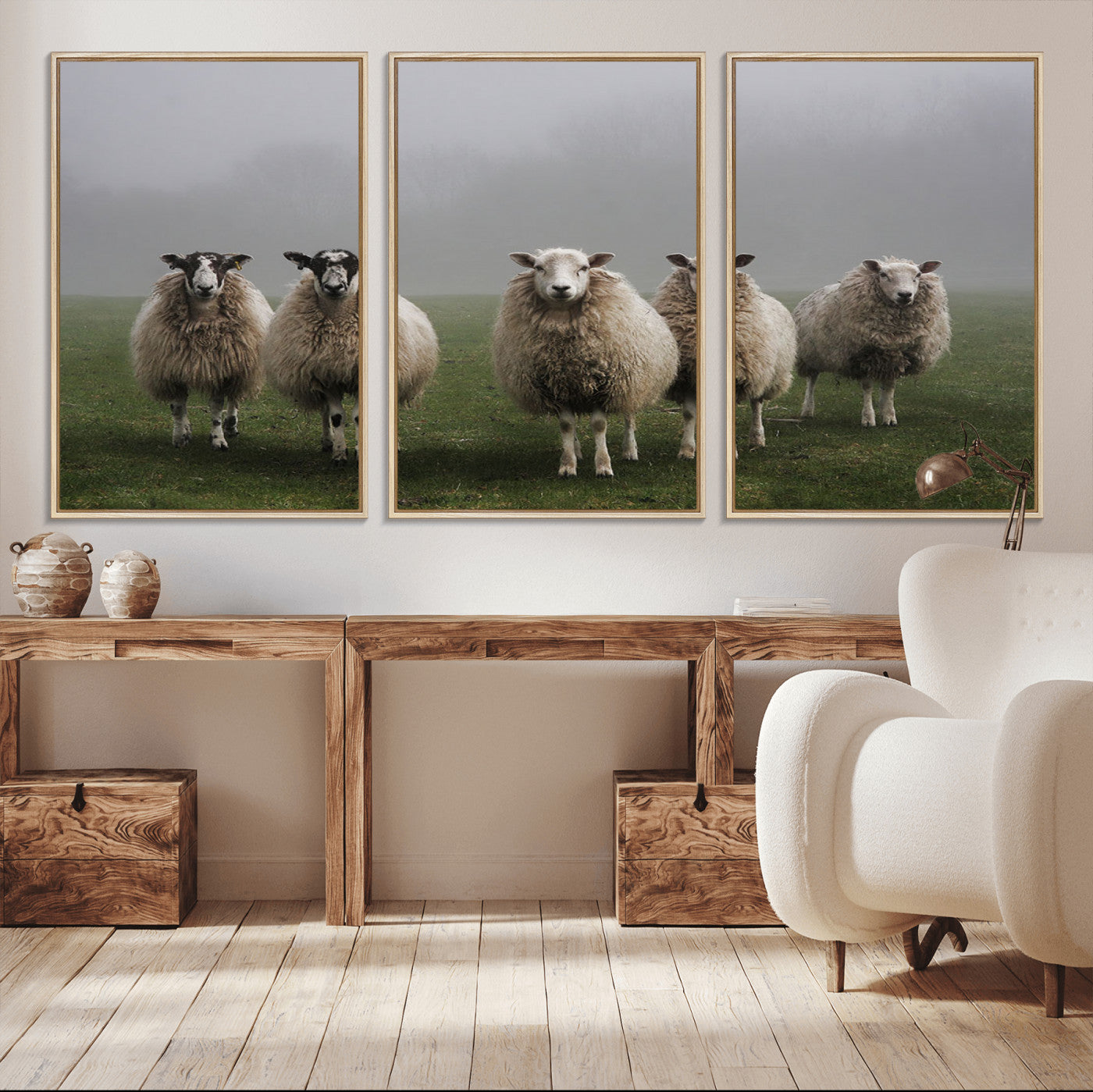 87339-MGV-CV-36X24-Sheep Wall Art – Rustic Farmhouse Canvas Print Flock Standing Misty Field Countryside Photography, Country Animal Decor for Living