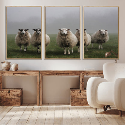 87339-MGV-CV-36X24-Sheep Wall Art – Rustic Farmhouse Canvas Print Flock Standing Misty Field Countryside Photography, Country Animal Decor for Living