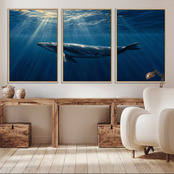 18052-MGV-CV-36X24-Whale Wall Art – Majestic Ocean Canvas Print Marine Life Underwater Sunlight Scene, Nautical Coastal Decor for Living Room,