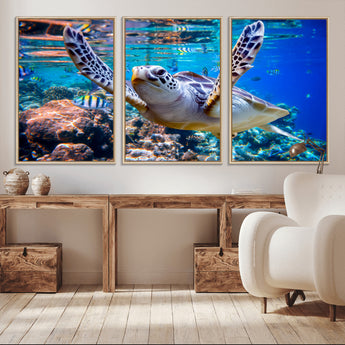 12683-MGV-CV-36X24-Sea Turtle Wall Art – Graceful Ocean Canvas Print with Coral Reef and Tropical Fish, Coastal Marine Life Decor for Beach House,