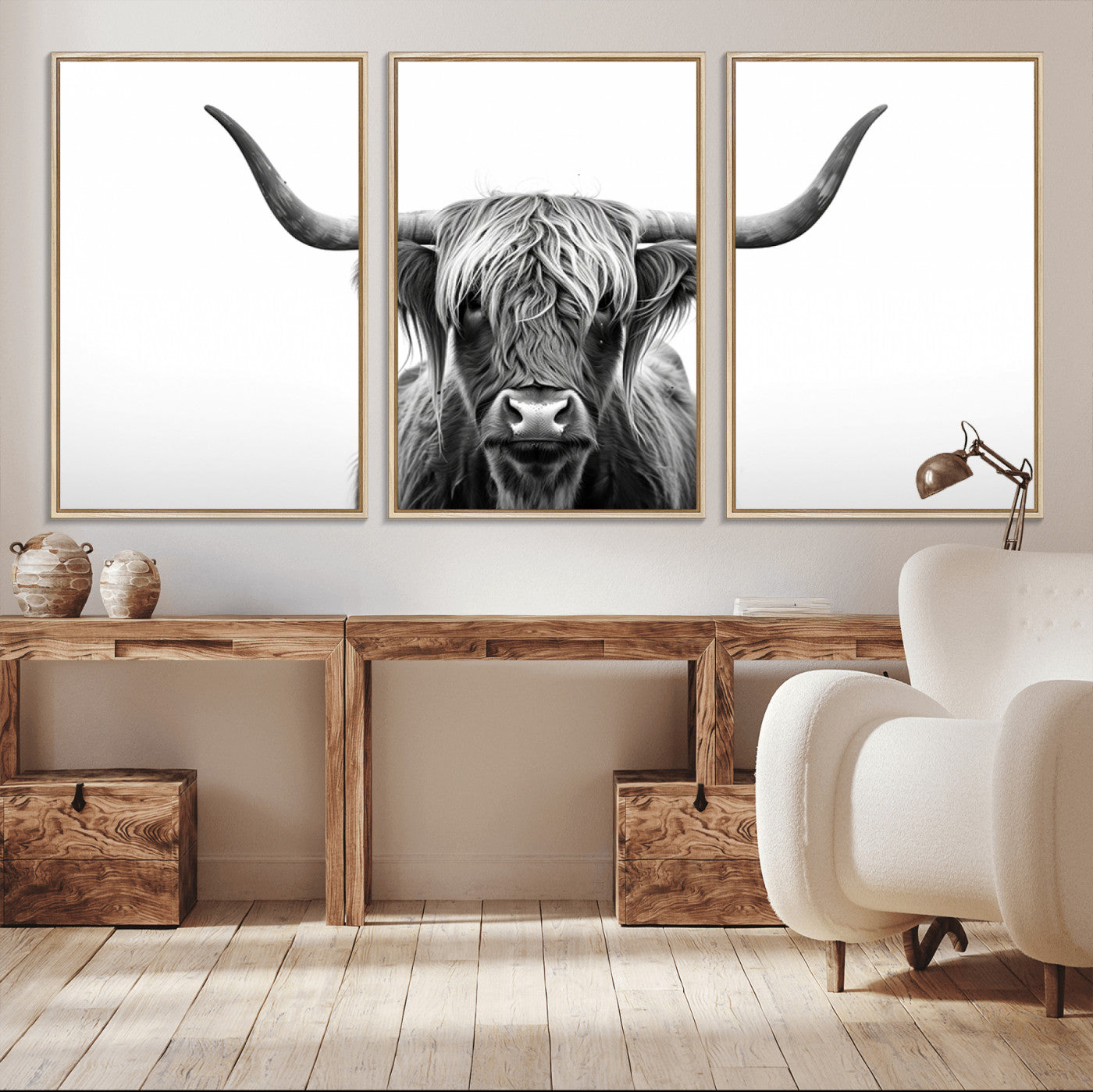 49556-MGV-CV-36X24-Highland Cow Wall Art – Black and White Scottish Highland Cattle Print, Rustic Farmhouse Minimalist Animal Portrait Canvas for