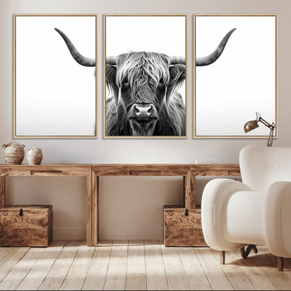 49556-MGV-CV-36X24-Highland Cow Wall Art – Black and White Scottish Highland Cattle Print, Rustic Farmhouse Minimalist Animal Portrait Canvas for