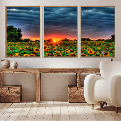 45045-MGV-FC-60X30-3P_Natural-Sunflower Field Sunset Wall Art – Dramatic Stormy Sky Landscape Print, Vibrant Yellow Floral Nature Canvas for Living Room,