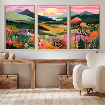 99638-MGV-CV-36X24-Sunset Meadow Wall Art – Panoramic Mountain Landscape with Wildflowers Canvas Print, Vibrant Nature Decor for Living Room, Bedroom