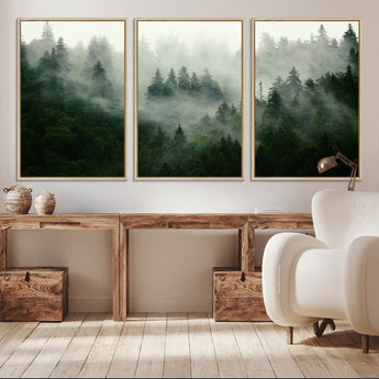 167720496-MGV-CV-36X24-Misty Forest Wall Art – Serene Evergreen Trees Canvas Print, Foggy Mountain Nature Landscape Decor for Bedroom, Living Room or