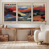 49228-MGV-FC-93X47-3P_Black-Kusama Wall Art – Vibrant Japanese Landscape Canvas Print, Modern Abstract Mountain and River Decor for Living Room, Office or Art