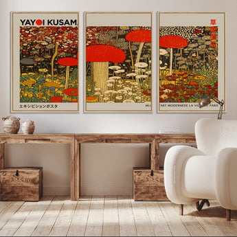 38013-MGV-CV-36X24-Yayoi Kusama Inspired Mushroom Garden Wall Art – Whimsical Botanical Canvas Print, Surreal Nature Poster, Fantasy Floral Artwork