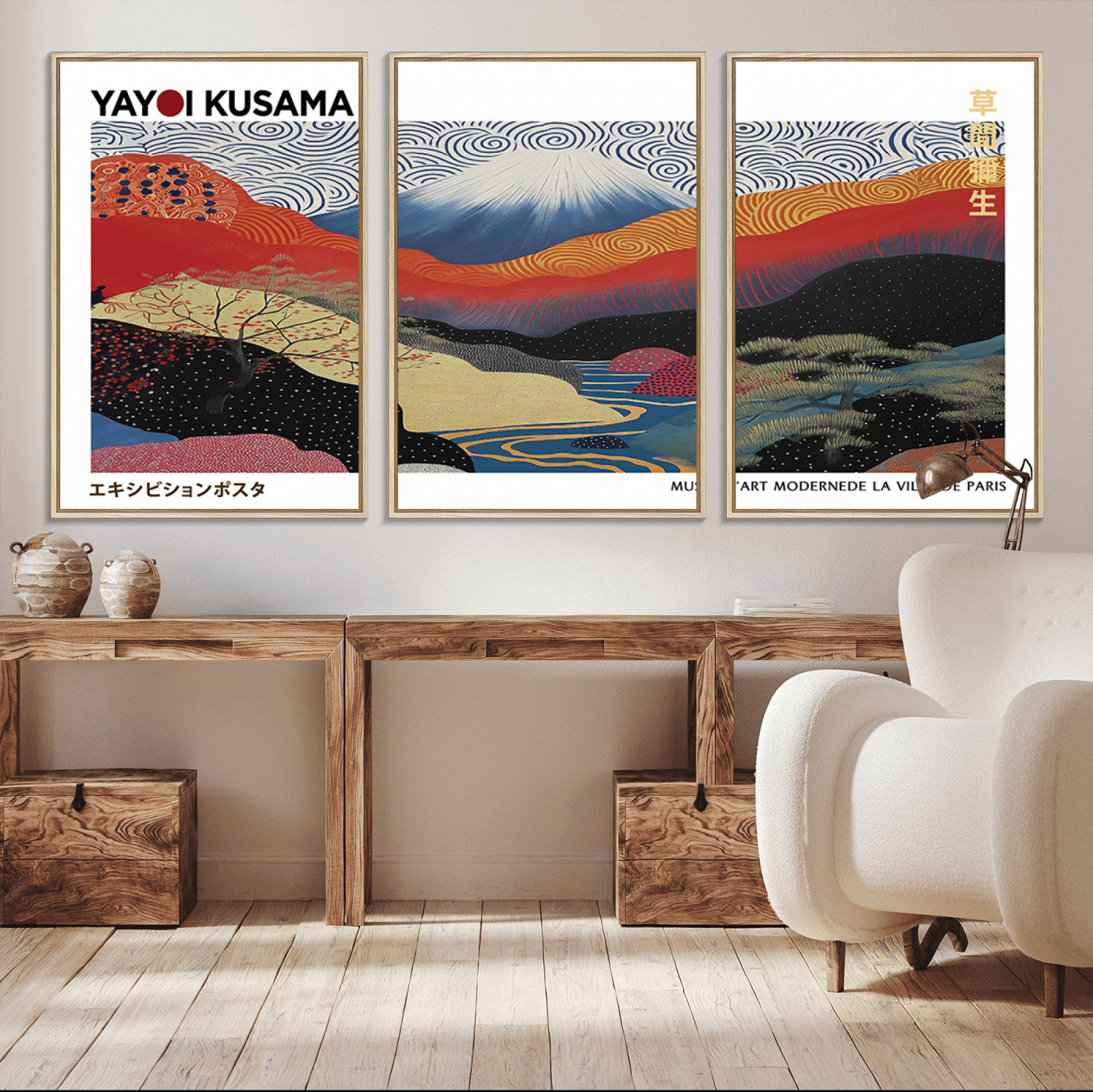 14839-MGV-CV-36X24-Yayoi Kusama Wall Art – Panoramic Mountain & River Canvas Print, Modern Abstract Japanese Landscape Decor for Living Room or