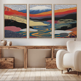 22313-MGV-CV-36X24-Yayoi Kusama Wall Art – Abstract Mount Fuji Landscape Canvas Print, Vibrant Japanese Nature Scene with River, Mountains and Sky