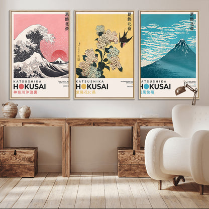 Katsushika-MGV-CV-36X24-Katsushika Hokusai Wall Art Set – The Great Wave, Hydrangea and Swallow, Fine Wind Canvas Prints, Japanese Ukiyo e Style Home and