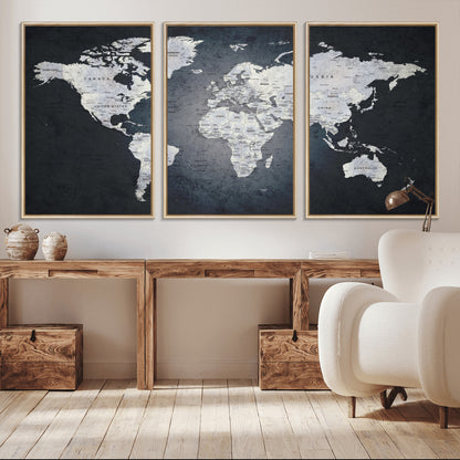 19124-MGV-FC-60X30-3P_Natural-Modern World Map Wall Art – Black and White Canvas Print, Minimalist Global Map Decor for Office, Study, Bedroom or Living Room