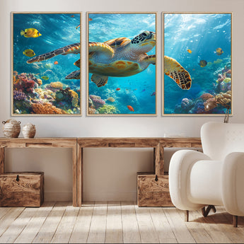 37623-MGV-CV-36X24-Sea Turtle Wall Art – Underwater Ocean Canvas Print with Coral Reef and Tropical Fish, Marine Life Painting Poster for Living