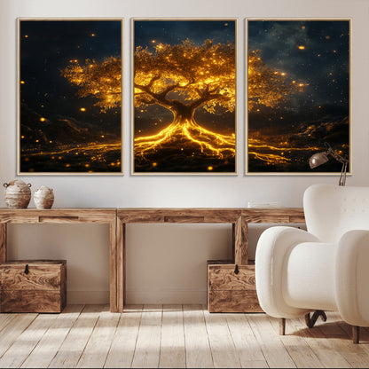 60194-MGV-CV-36X24-Glowing Tree Wall Art – Golden Roots Fantasy Canvas Print, Mystical Illuminated Tree Painting Poster for Living Room, Bedroom,
