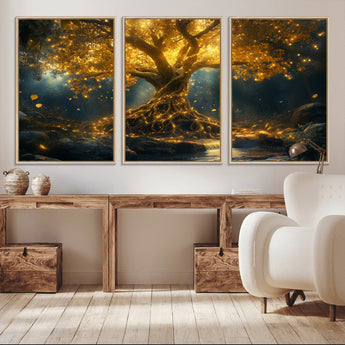 92739-MGV-CV-36X24-Glowing Tree Wall Art – Enchanted Golden Forest Canvas Print, Mystical Illuminated Nature Painting Poster for Living Room,