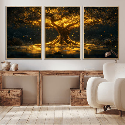 59580-MGV-CV-36X24-Glowing Tree Wall Art – Golden Fantasy Nature Canvas Print, Mystical Illuminated Tree Painting Poster for Living Room, Bedroom,