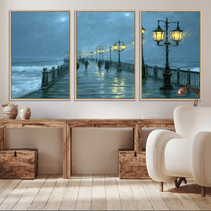 79606-MGV-FC-60X30-3P_Natural-Rainy Pier Night Wall Art – Ocean Waves and Street Lamps Canvas Print, Moody Seascape Oil Painting Poster for Living Room,