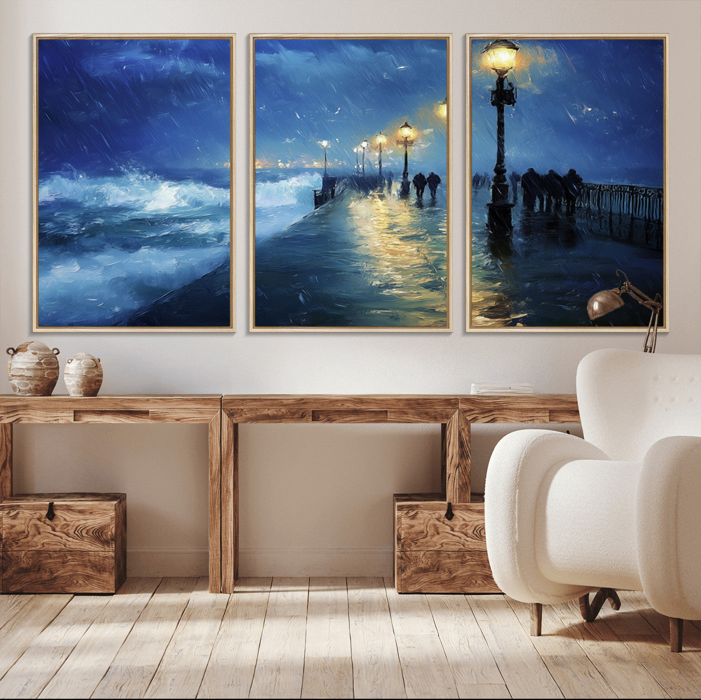 94571-MGV-CV-36X24-Seaside Night Wall Art – Ocean Waves and Street Lamps Canvas Print, Rainy City Pier Oil Painting Poster for Living Room, Bedroom,