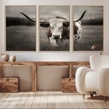 69238-MGV-CV-36X24-Longhorn Bull Wall Art – Rustic Black and White Texas Cattle Canvas Print, Western Farmhouse Animal Photography for Living Room,