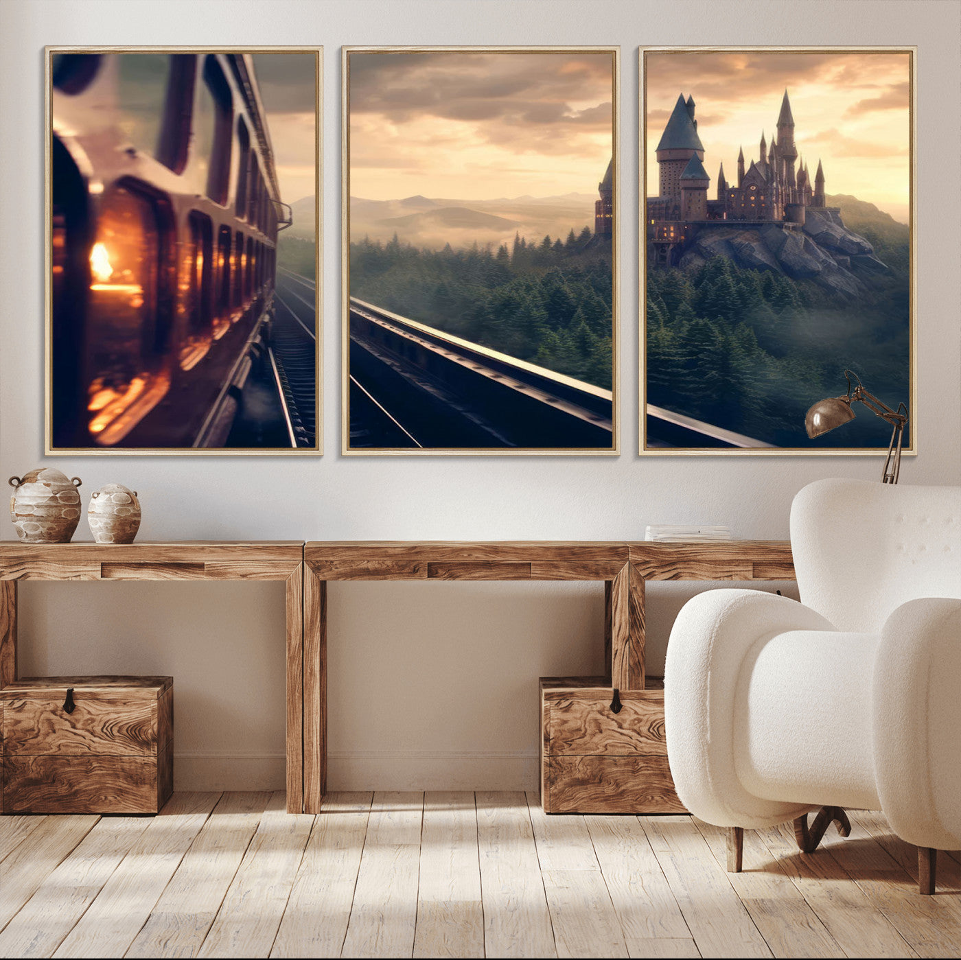 84029-MGV-CV-36X24-Fantasy Castle Wall Art – Magical Train Sunset Forest Canvas Print, Enchanted Landscape Painting Poster for Living Room, Bedroom,